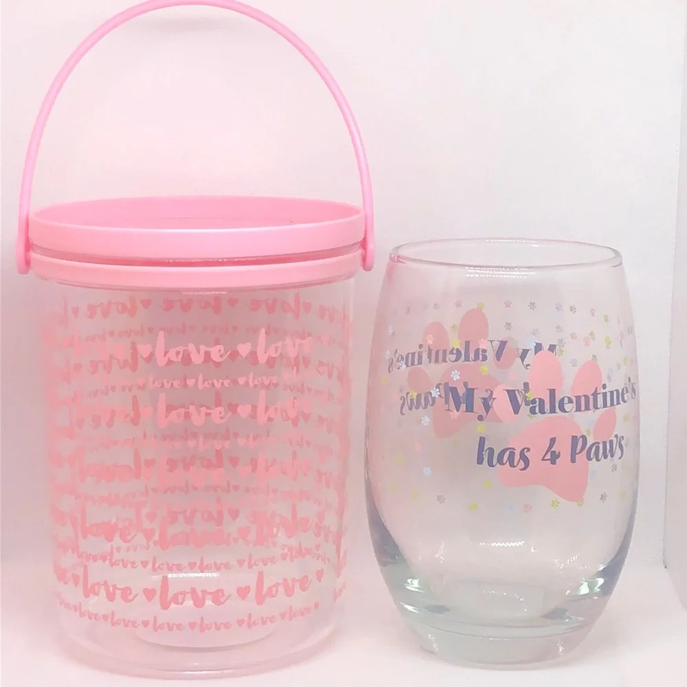 Valentine’s Day Stemless Wine Glass & Love Bucket Container 🐾🩷 NWT
